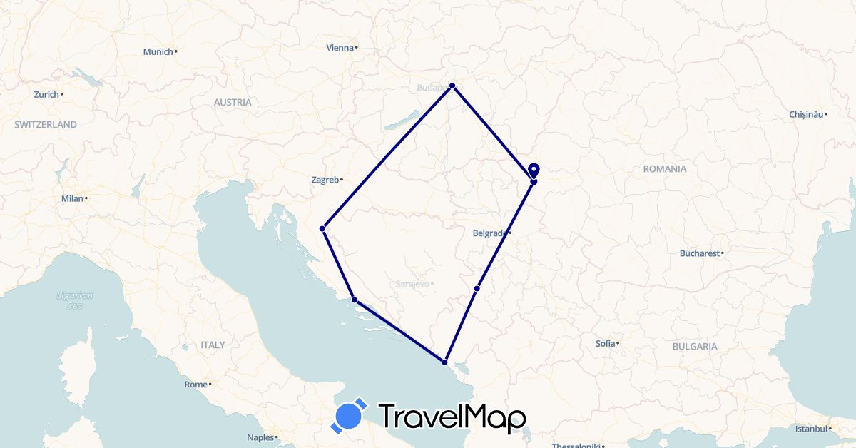 TravelMap itinerary: driving in Croatia, Hungary, Montenegro, Romania, Serbia (Europe)